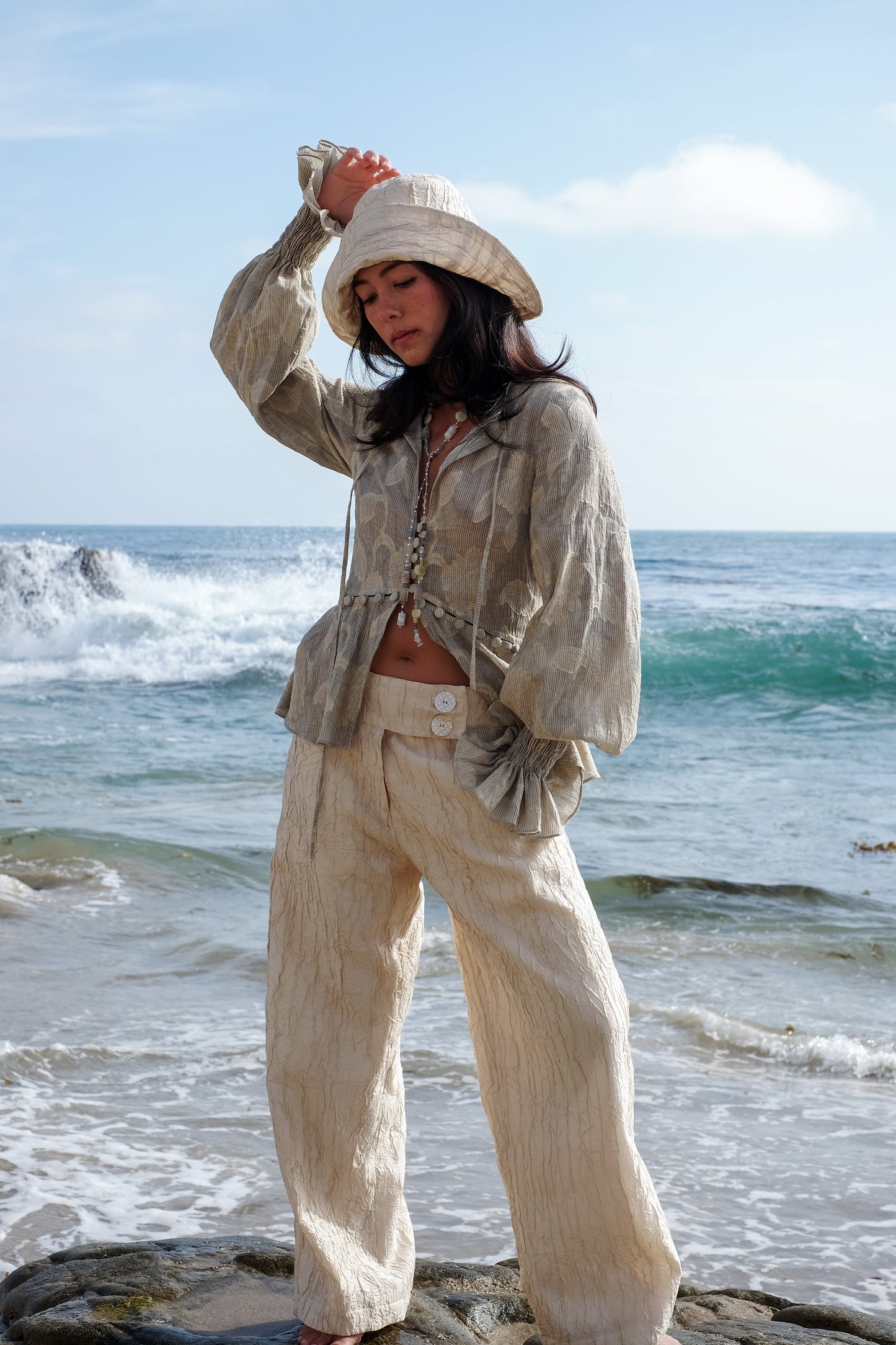 SKYE LOW WAISTED PANTS - CRINKLED CREME